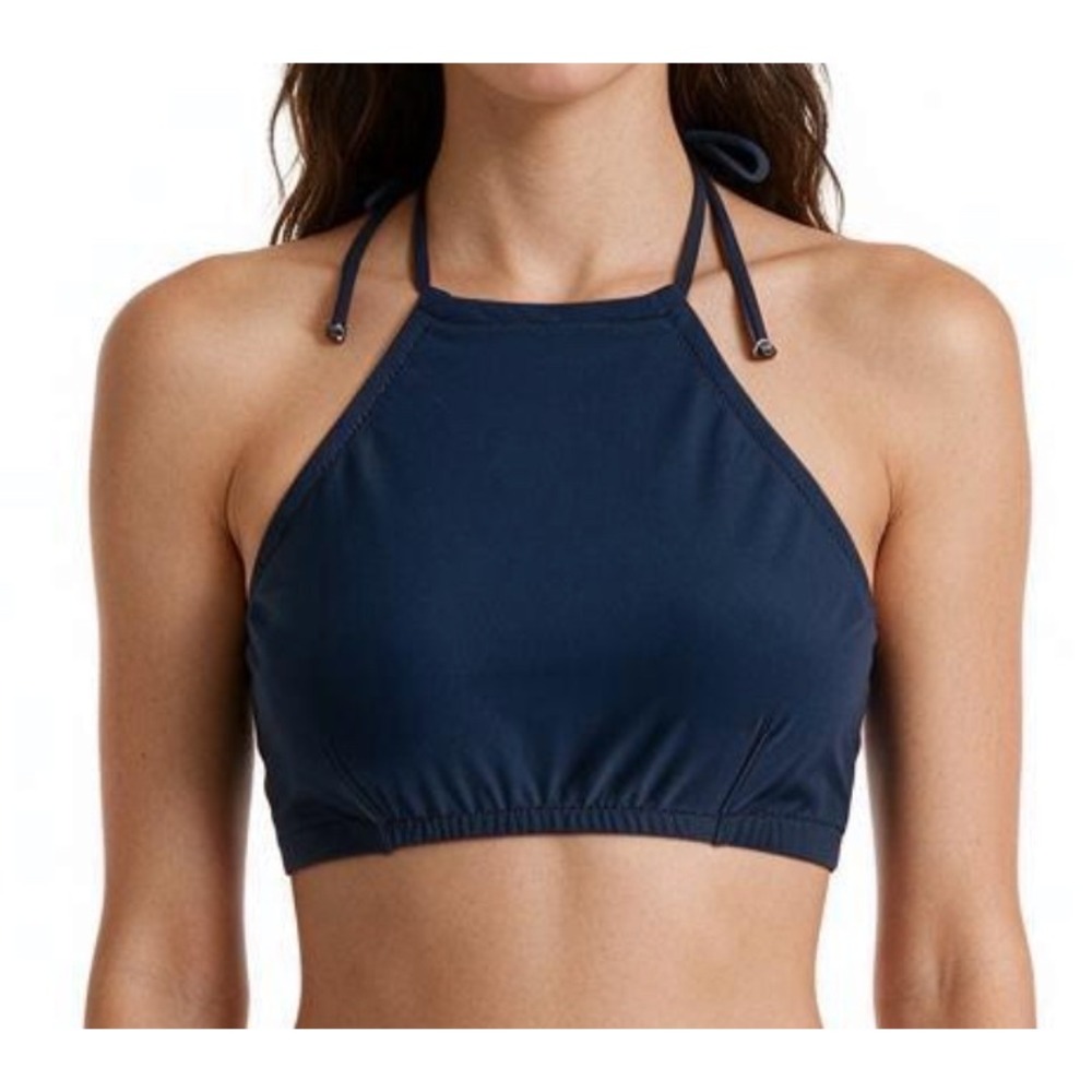 NWT J. Crew Bikini Top HIGH NECK HALTER Navy Blue Tie Back Swim Suit SIZE M